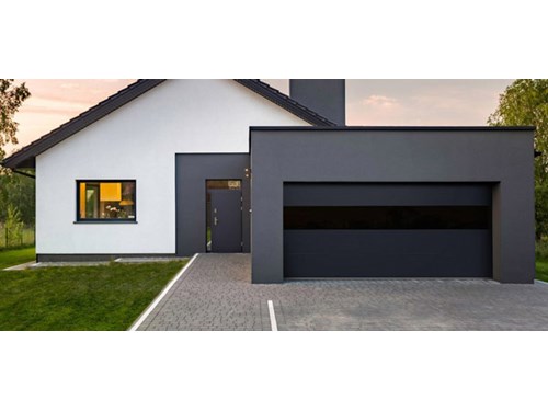 Infinity Flush Panel Smooth Steel Garage Door with Horizontal Modern Glass Design